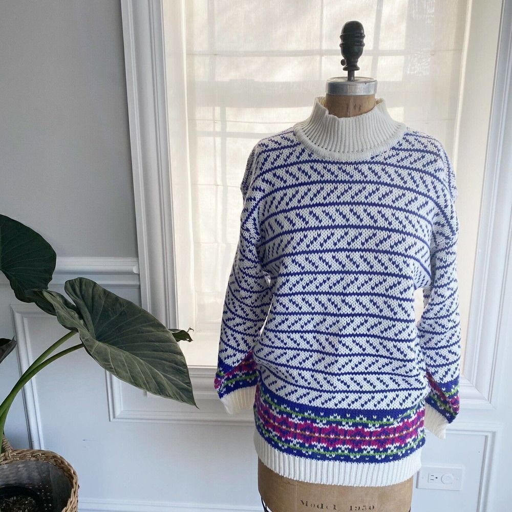 Vintage INTERIN Tunic Sweater Fair Isle Deadstock Purple White Size S - Picture 3 of 9
